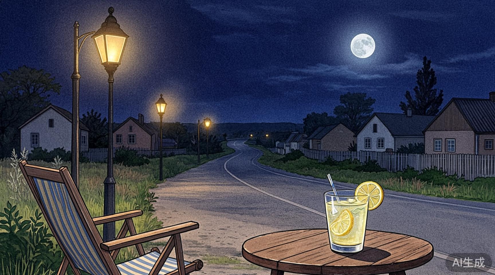 夜色中的路灯、躺椅与柠檬水